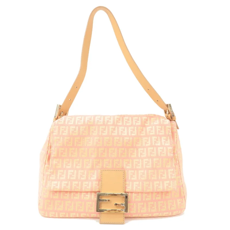 FENDI Zucchino Mamma Baguette Canvas Leather Bag Beige Pink 8BR001